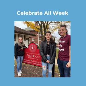 Celebrate All Week. Three people standing in front of red sign with autumn trees and a building in the background. One wears a maroon Study Abroad Day t-shirt.