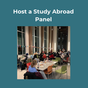 Host a Study Abroad Panel. People attending a panel event in a brightly lit room with large windows and colorful banners.